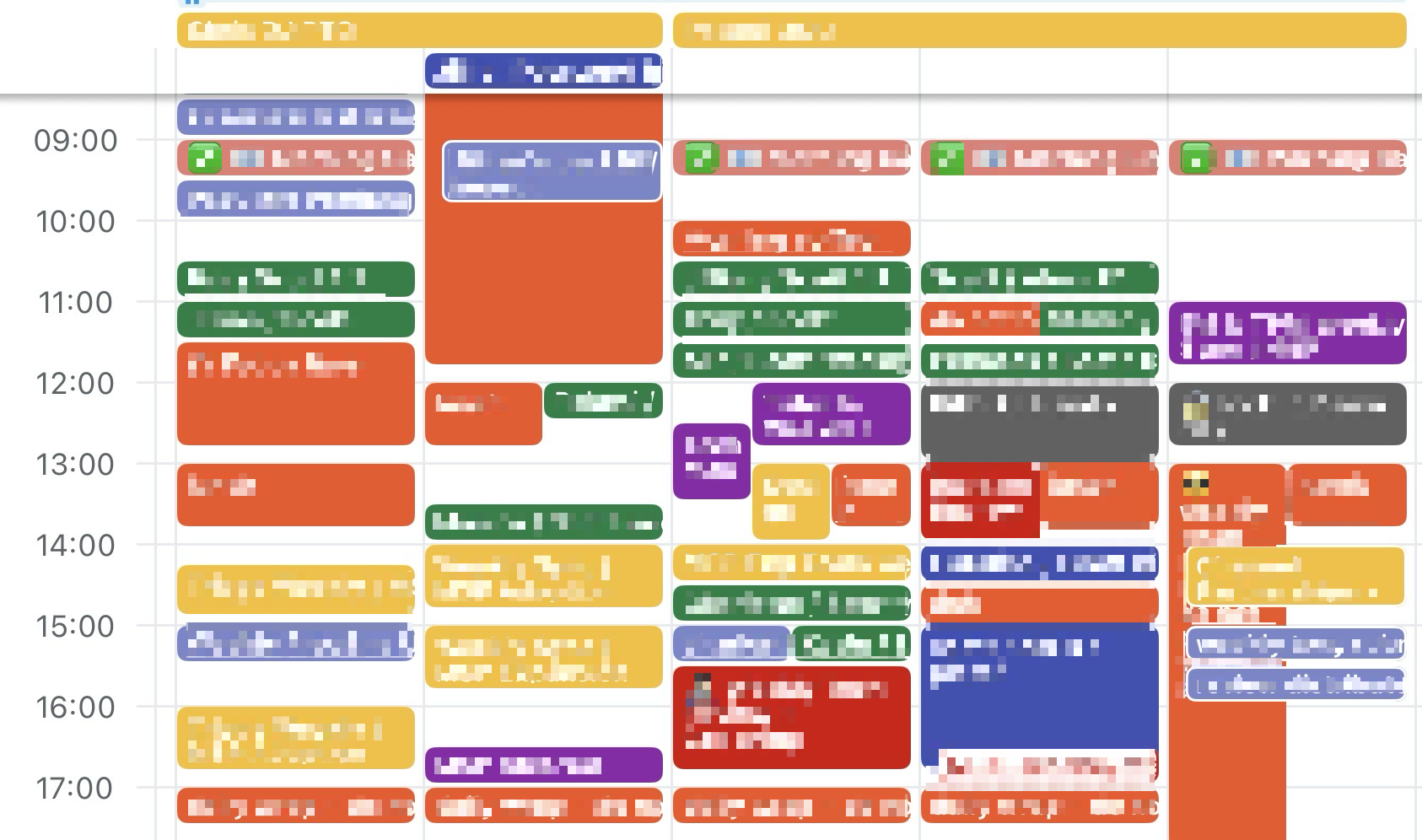 A screenshot of a calendar that is completely packed full of meetings and appointments